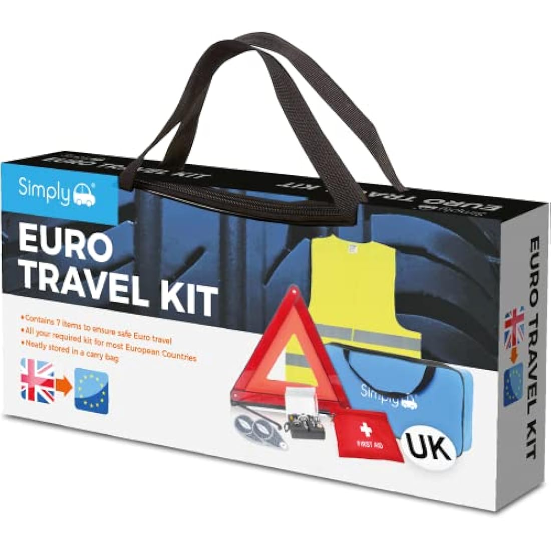 Simply ETK1 Europe Travel Kit. 7 Piece Set includes Warning Triangle, Reflective Vest, Headlight Beam Converters, UK Plate, Bulb Kit and FIRST Aid Kit