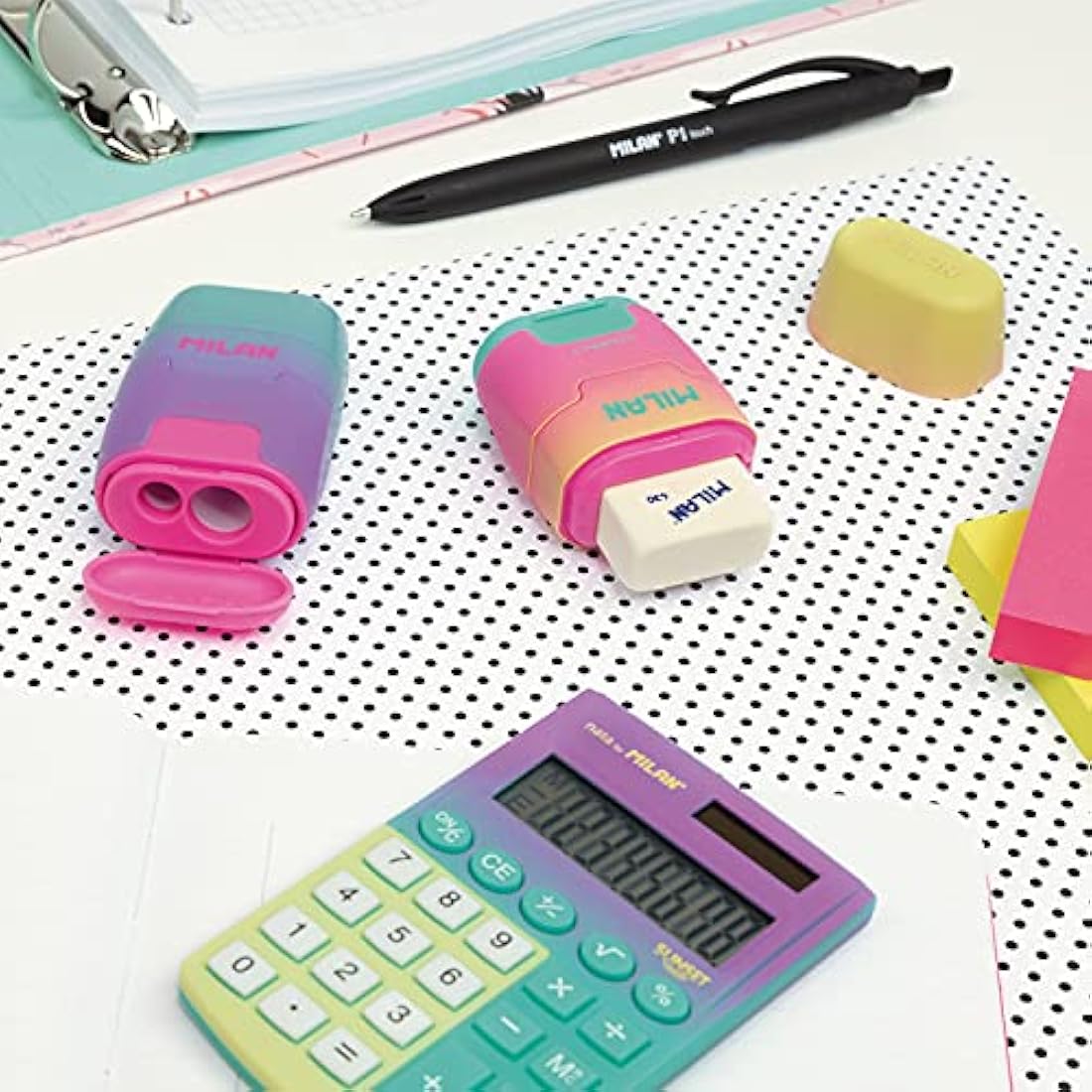 MILAN Compact Sunset Plastic Pencil Sharpener 2 Uses with Eraser Assorted Colours