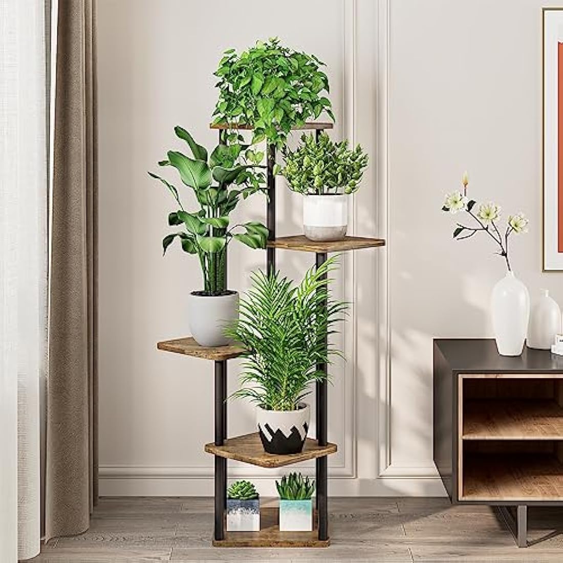 5-Tier Hölzern Blumenregal Pflanzenregal, VASZOLA Mehrstöckig Blumenständer Pflanzenständer Blumenbank Blumentreppe Pflanzentreppe Standregal für Innen Außen Garten Balkon Deko(Schwarz)