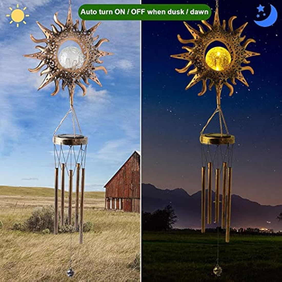 lifemet Wind Chimes Solar Lights - Powered LED Sun Night lights outdoor Garden Waterproof Metal Windbell Chime Light Lamp for Patio Deck Lawns Yard Patio
