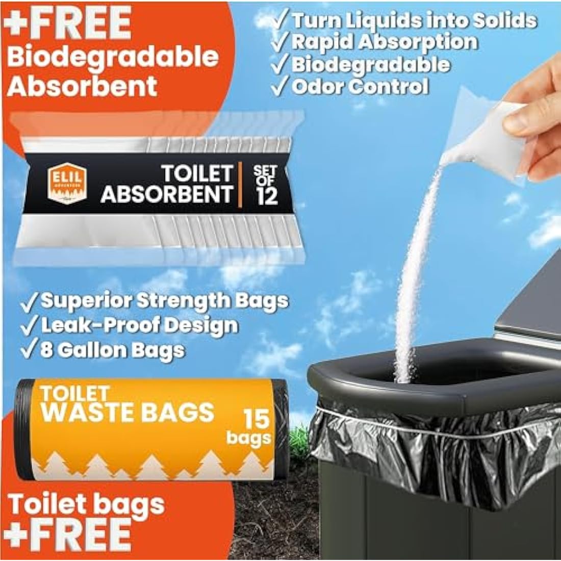Portable Toilet for Adults Camping Porta Potty, Extra Tall Bathroom Emergency Seat for Car, Poo Powder with Trash Bag with Foldable Toilet with Lid,Carry Bag