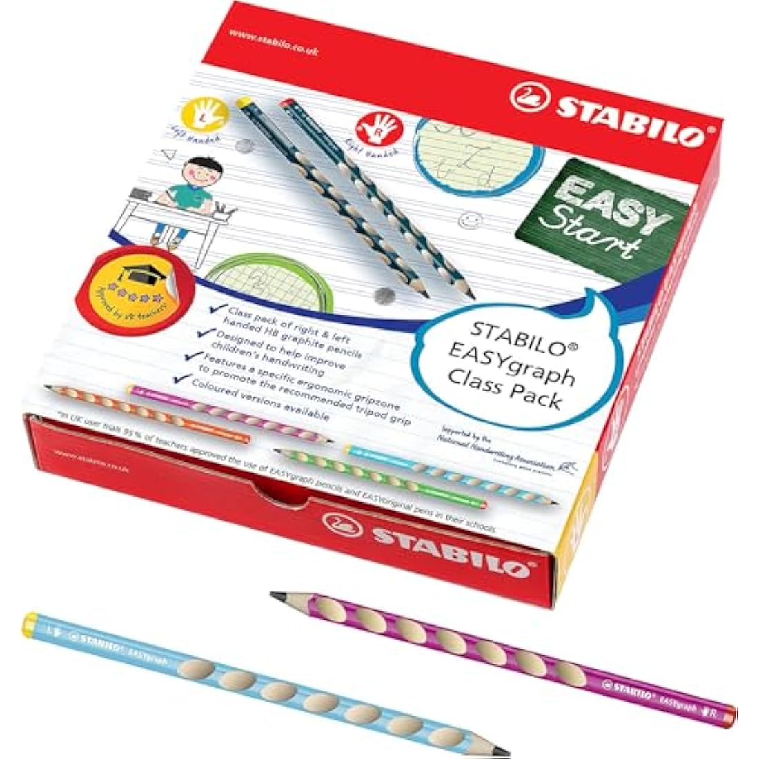 STABILO EASYgraph - Ergonomic Graphite Pencil - 8 x Left-Handed and 40 x Right-Handed - Classpack of 48 - Assorted Colours - Degree HB
