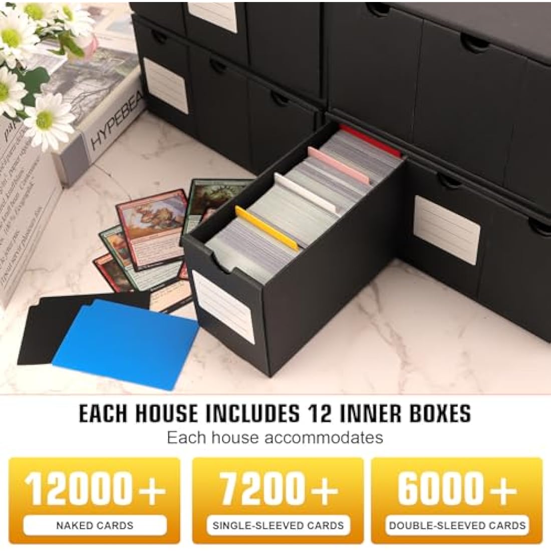 QLOUNI 12000+ Trading Card Storage Box,Card Storage Box with 48 Card Dividers, Labels and Tape,Trading Card Organizer for Collecting TCG,MTG, PTCG, Baseball Cards
