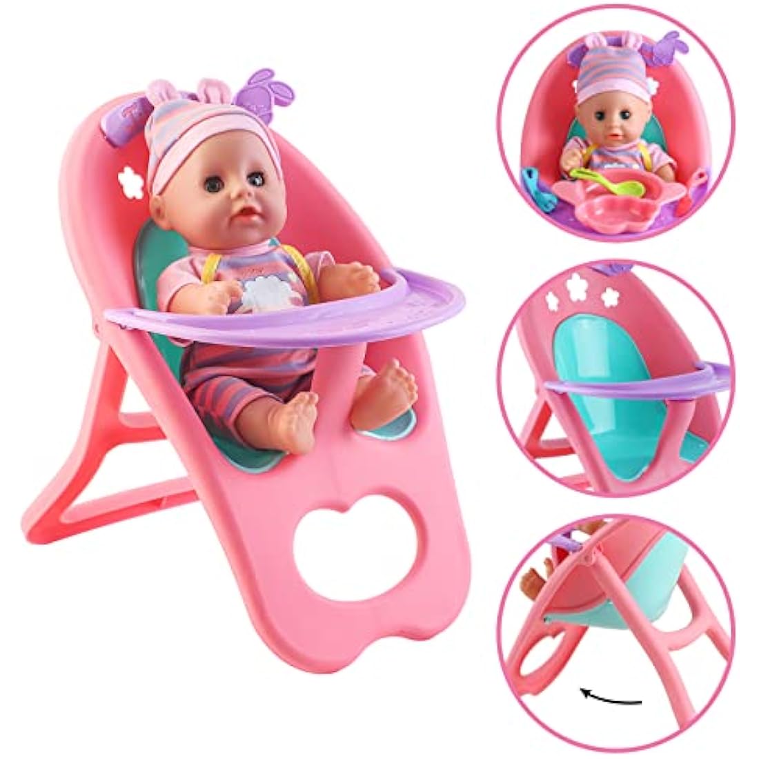deAO ‘My First Baby Doll’ Play Set Includes Miniature Crib, High Chair, Feeding Accessories - 21 Pieces Toy Play Set (Baby Doll Included)
