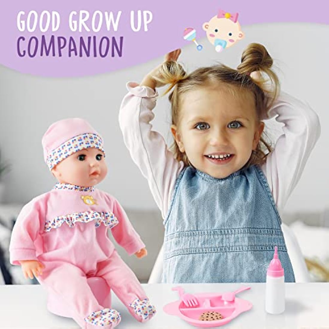 Toy Choi's 16" Baby Doll Pink - Talking Soft Baby Dolls for 2+ Year Old Girls with Different Sound and Funny Feeding Accessories, Preschool Toy Gift for Toddler and Kids