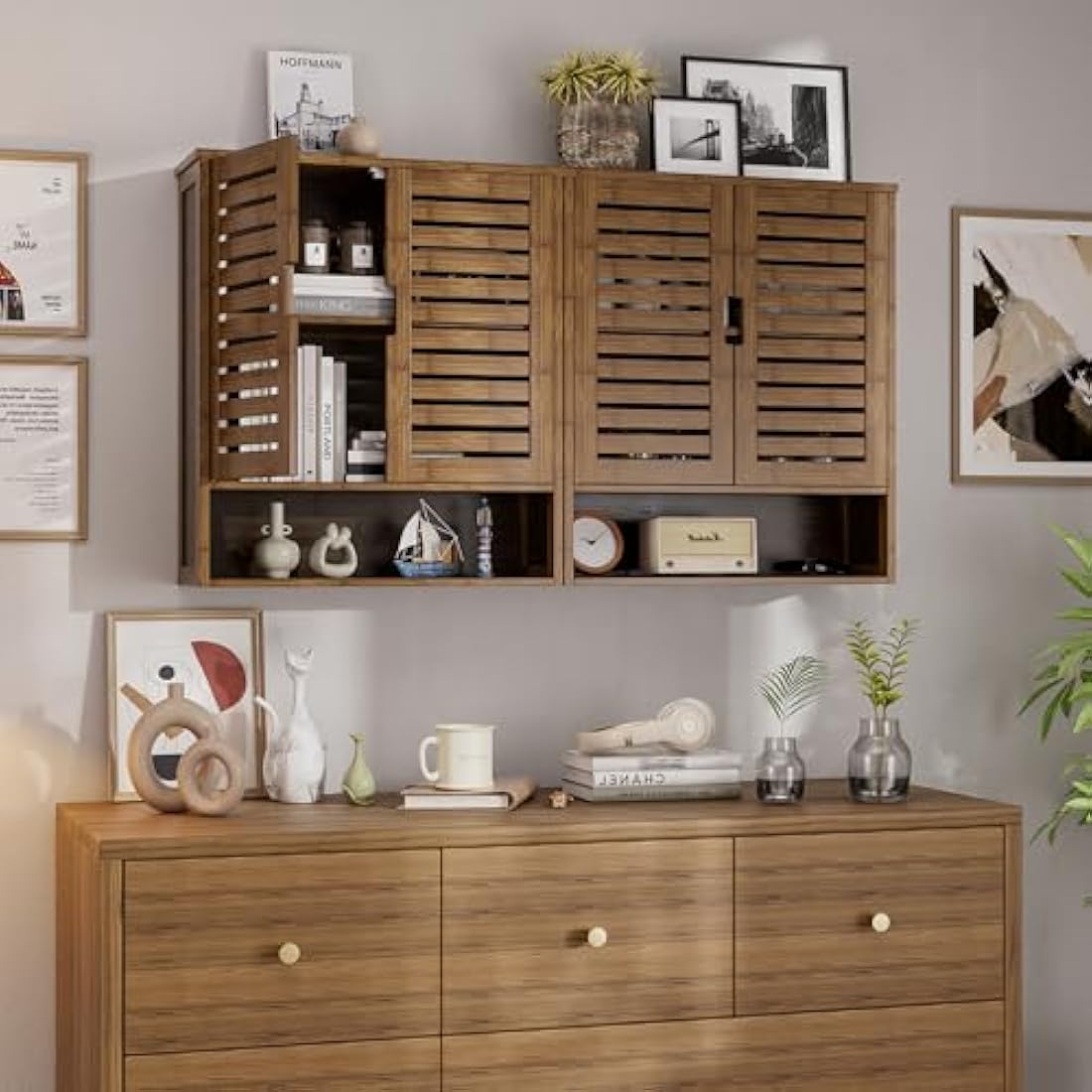 SMIBUY Bathroom Cabinet Wall Mounted, Bamboo Over-The-Toilet Storage Organizer, Space Saver Medicine Cabinet with 2 Door and Adjustable Shelves (Walnut)