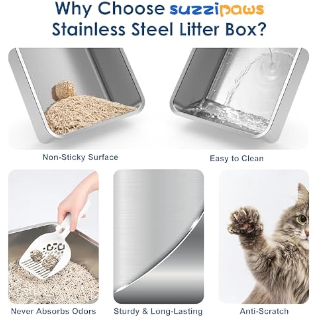 Suzzipaws Enclosed Stainless Steel Cat Litter Tray with Lid Extra Large Litter Box for Big Cats XL Metal Litter Pan Tray with High Wall Sides Enclosure, Non-Sticky, Anti-Leakage, Easy Cleaning