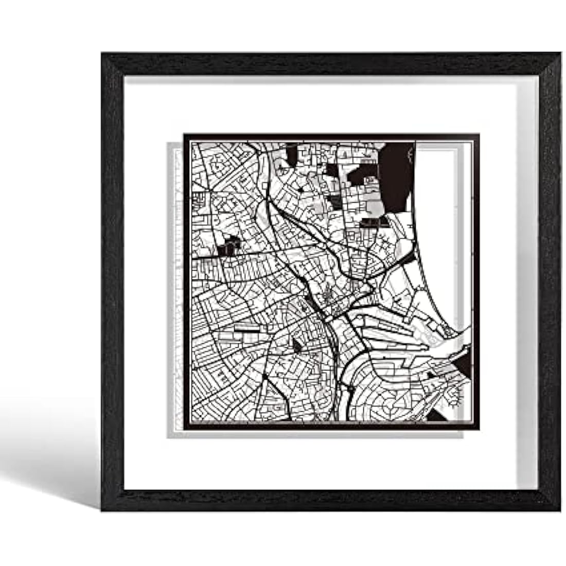O3 DESIGN STUDIO Aberdeen Paper Cut Map framed, Black map, Black frame, 23x23 cm, Gift Boxed, 2 background color, self-changing, Paper Art