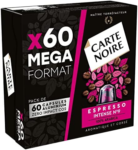 Carte Noire, Espresso Intense, Nespresso Compatible Aluminium Capsules, 1 Pack of 60 Coffee Pods, 100% Arabica, Dried Fruit and Chocolate Notes, Intensity 9/10, Rich and Lasting Taste