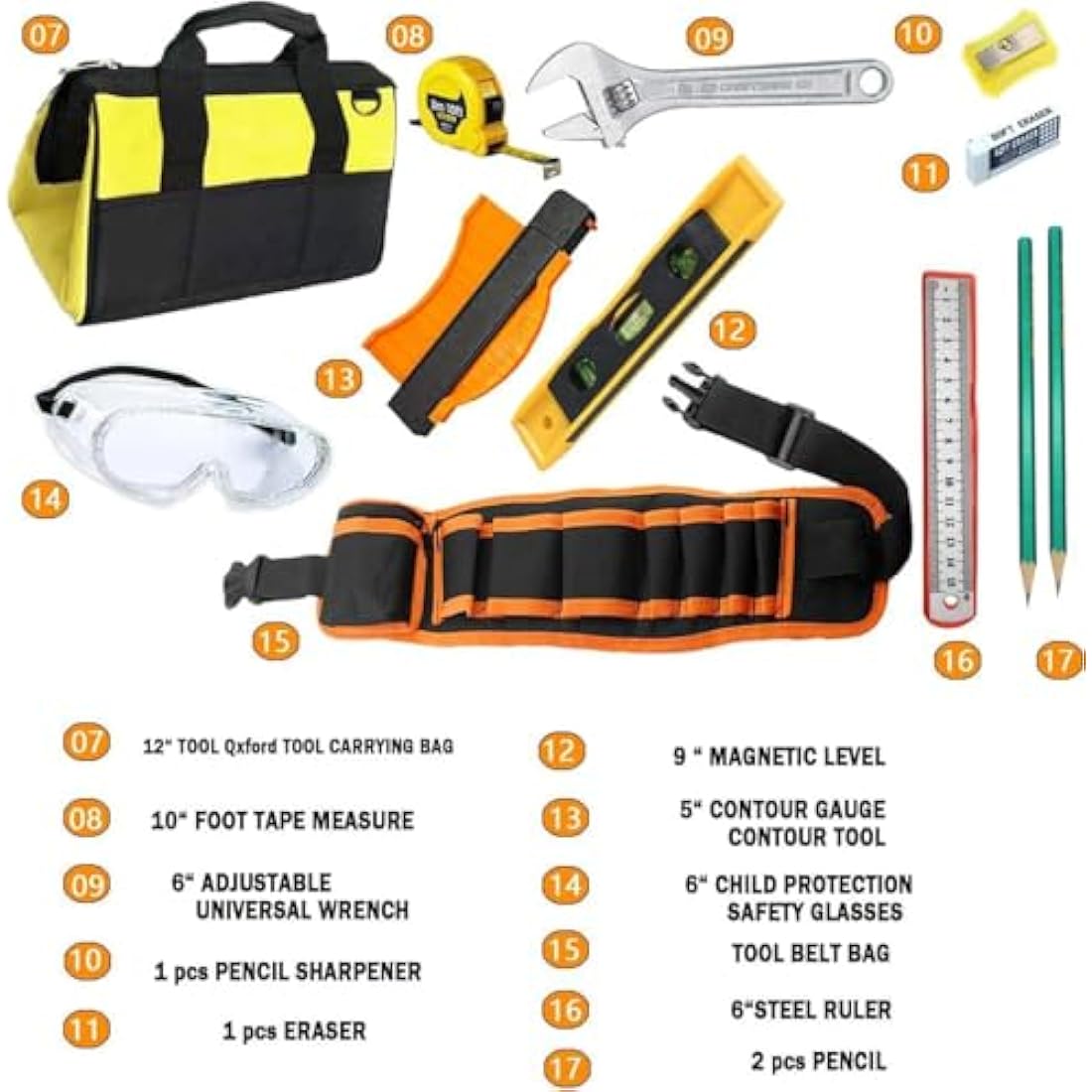 QeeHeng Real Kids Tool Set -Kids Tool kit for Starter with Hammer,Tool Belt,Safety Goggles, Pliers, Wrench,Screwdrivers & Bag,Children's DIY Play Tools for Boys /Girls /Beginner Learning Gift