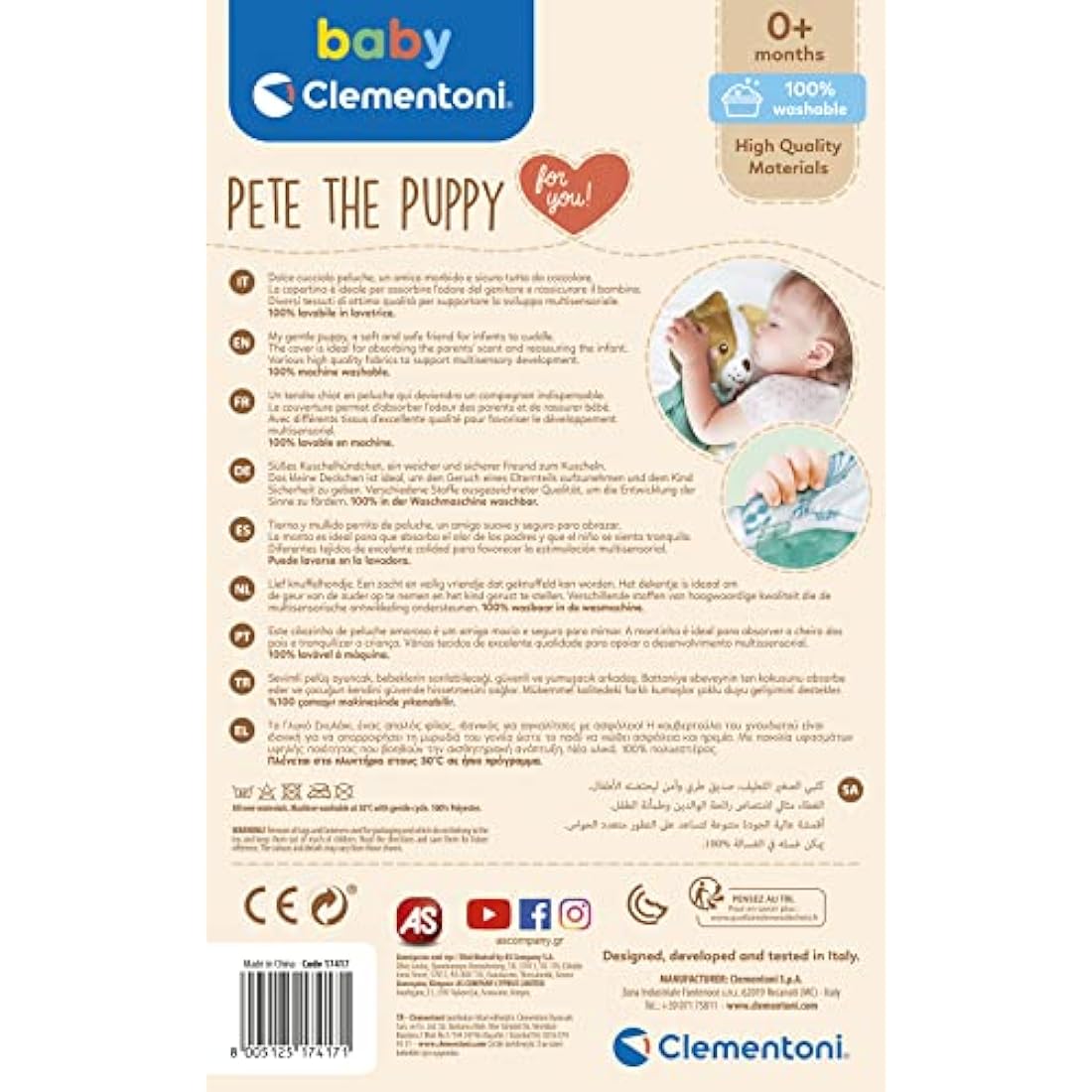 Clementoni Baby 17417, Pete the Puppy Plush Toy for Babies, Ages 0 months Plus