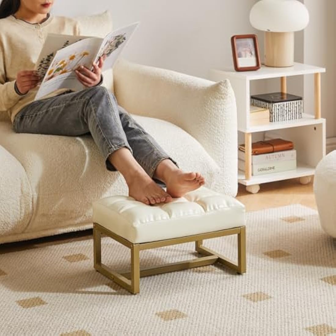 Aibiju Small Footstool Ottoman, Rectangle Faux Leather Footstool with Gold Metal Frame, Change Shoes Stool for Living Room, Bedroom, Entryway Office, White YD-JD139W