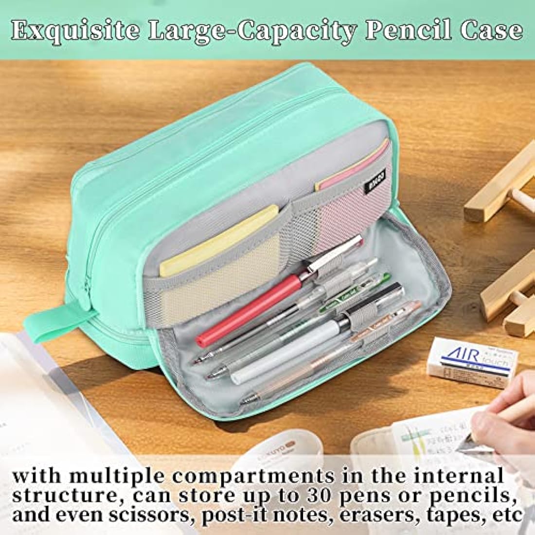 Tesmien Pencil Case, Large Pencil Case with 4 Compartments Stationery Organizer for Boys and Girls, Aesthetic Pencil Bag Suitable for Kids Teenagers Students Women Men, Green