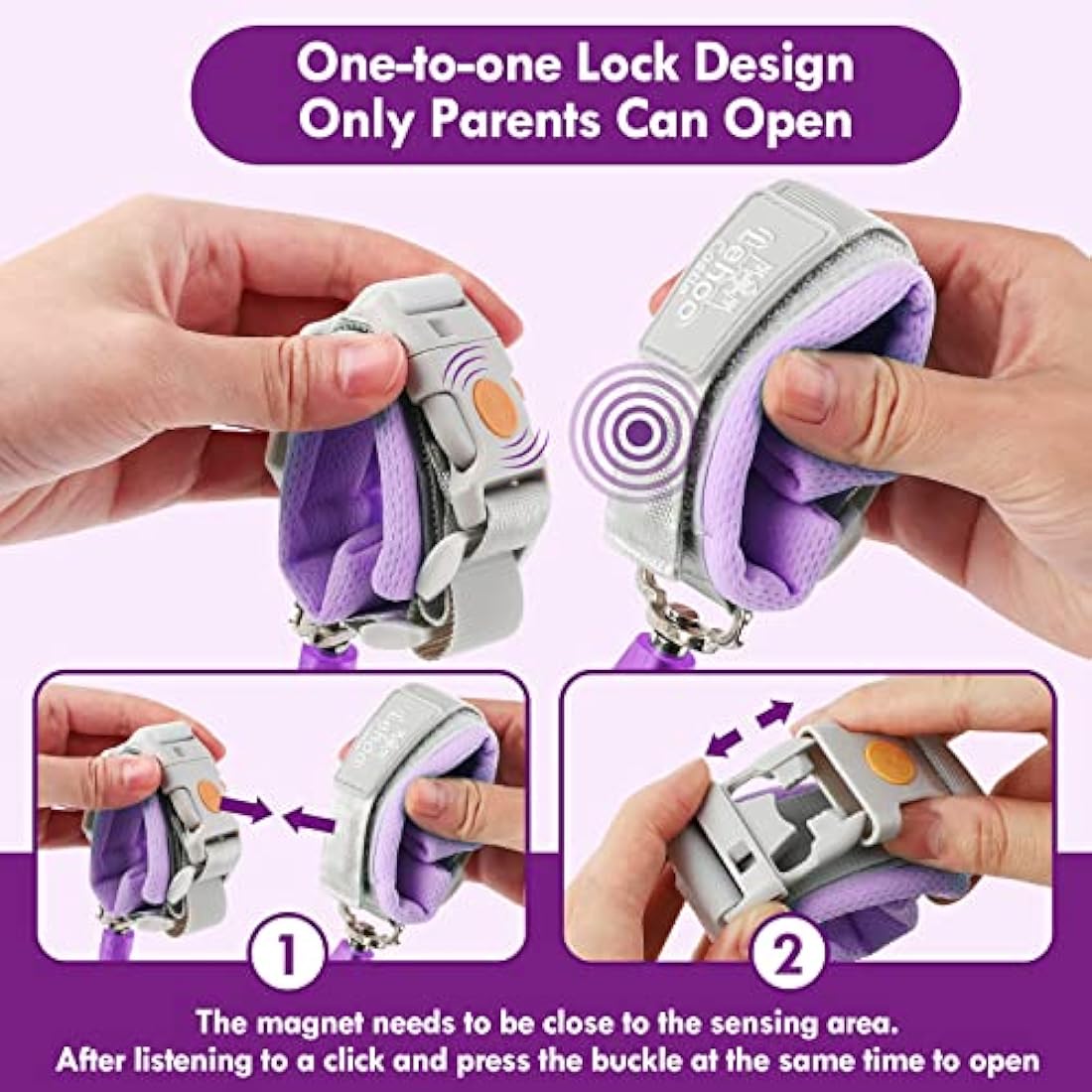Lehoo Castle Baby Reins for Walking, 1.5M Toddler Reins for Kids with Induction Lock, Anti Lost Wrist Link Wrist Reins, Child Safety Harness for Boys and Girls (Purple)