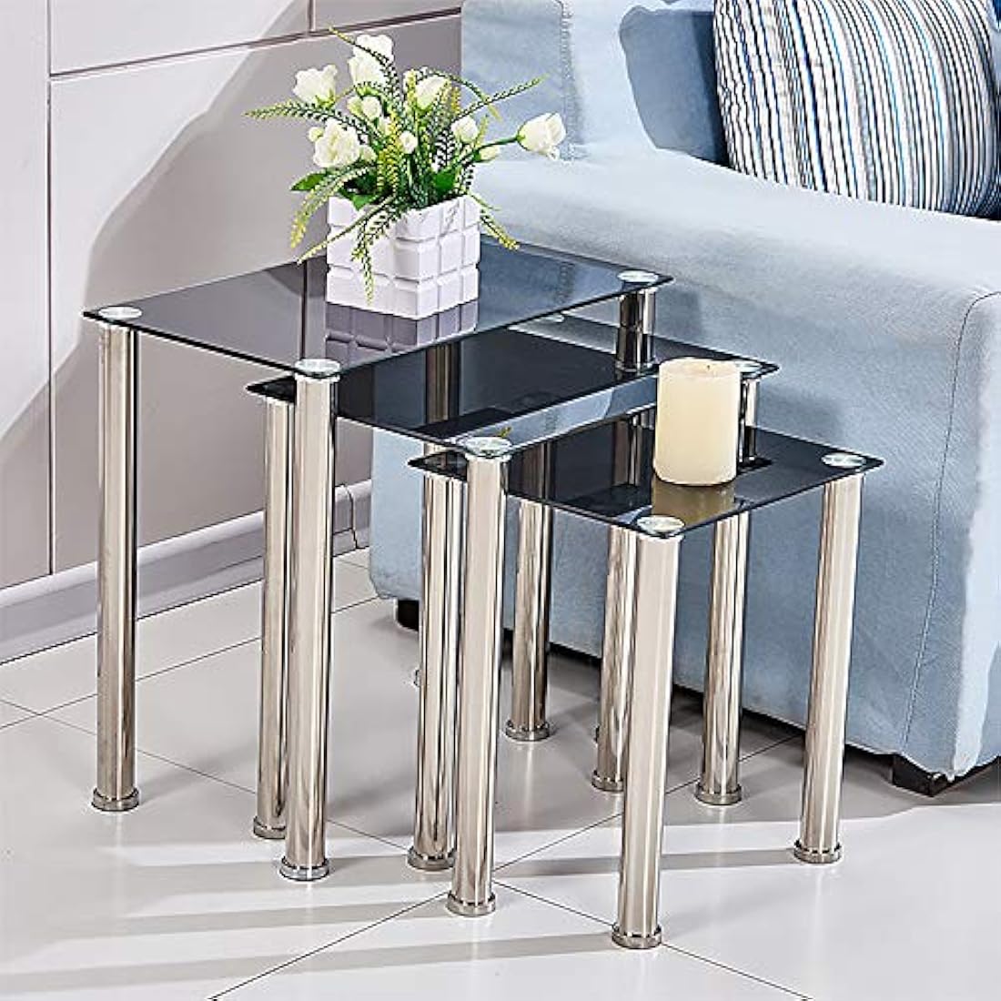 BELIFEGLORY Modern Design Nesting Tables, Set of 3 Coffee Table with Tempered Glass and Stainless Steel Legs, Space Saving Sofa Side Corner End Table (Rectangular - Black)