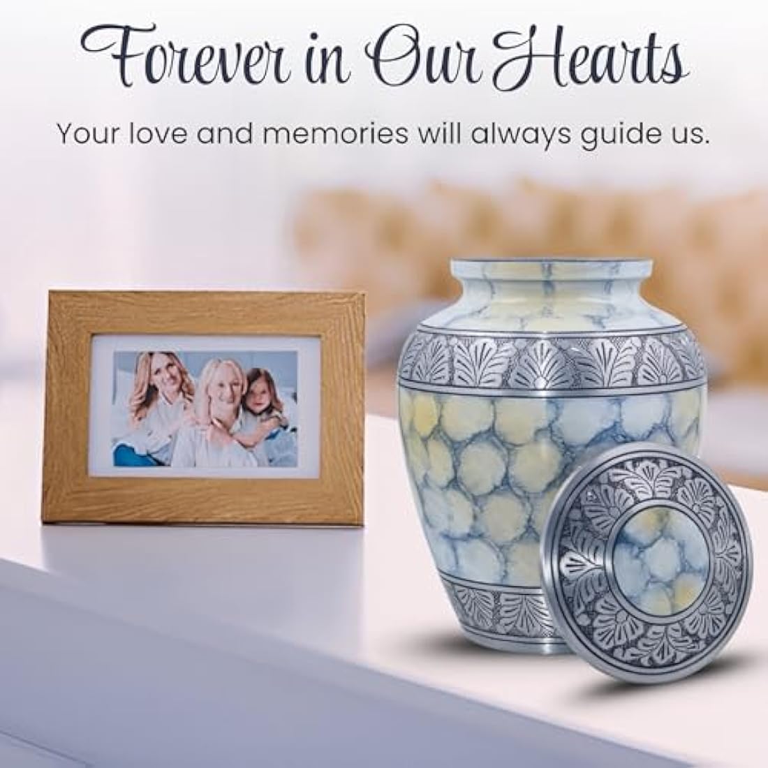 Silver Engraved Adult Cremation Urn for Human Ashes - Handcrafted Funeral Memorial Large Burial Urn (7.5" x 7.5" x 9.5"- 200lbs or 91kg, Cloud White) - Bag Included