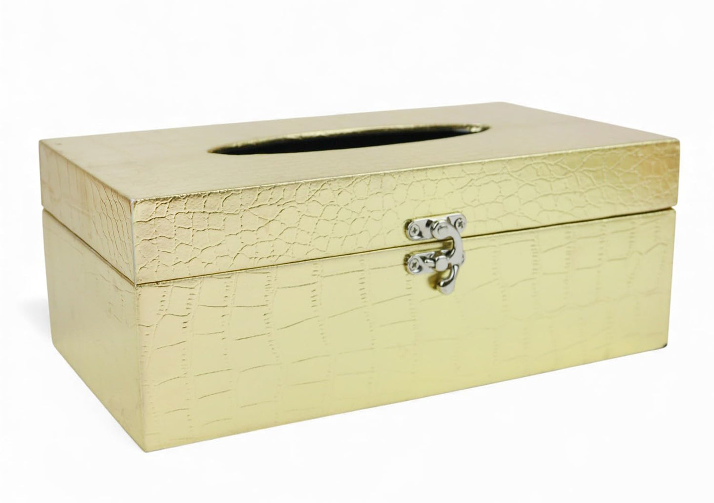 Emartbuy Gold Croc Texture Faux Leather Tissue Holder Metal Clasp Luxury