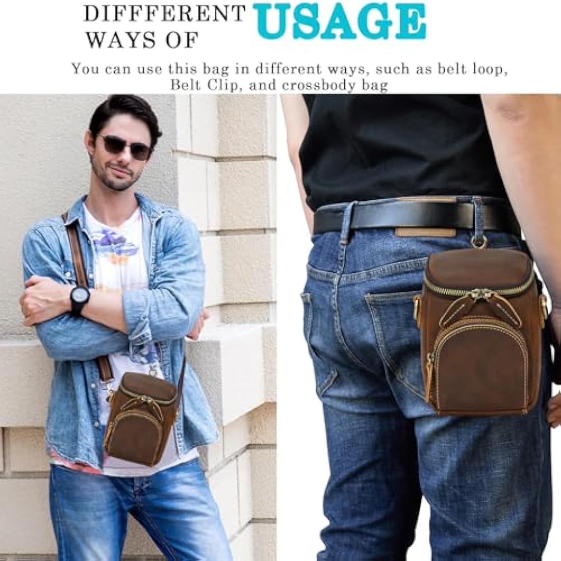 Mini Mens Genuine Leather Messenger Shoulder Bag Motorcycle Bike Riding Cycling Multi Waist Fanny Pack Small Leather Leg Bag for Wallet Coin Key iPhone, 9391 Brown