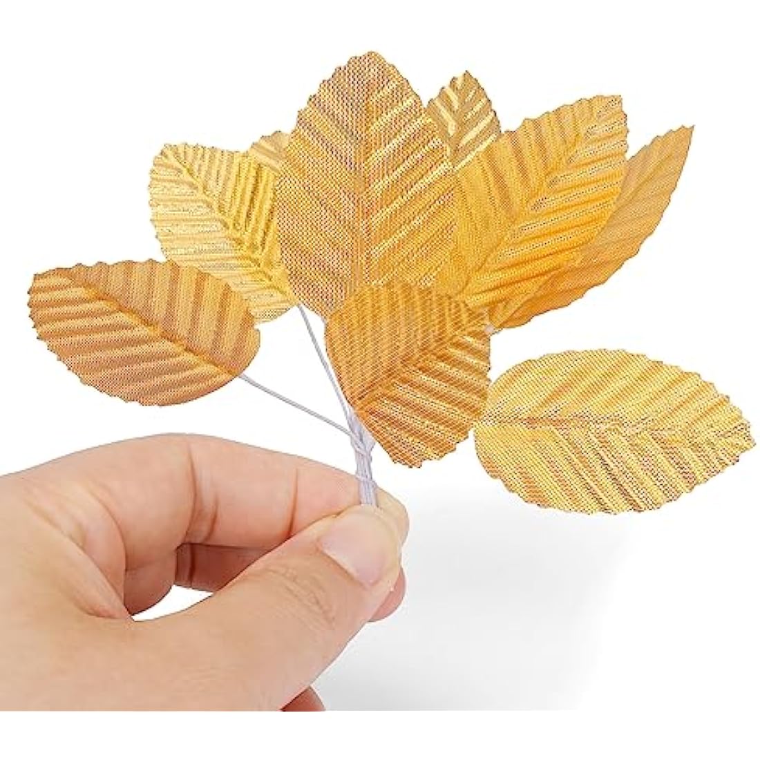 MWOOT 200Pcs Artificial Rose Leaves, Fake Single Leaf for Crafts, Gold Faux Silk Leaves for DIY Cake Bouquet Wedding Party Festival Valentine's Day Decoration, Wired Gold Leaves