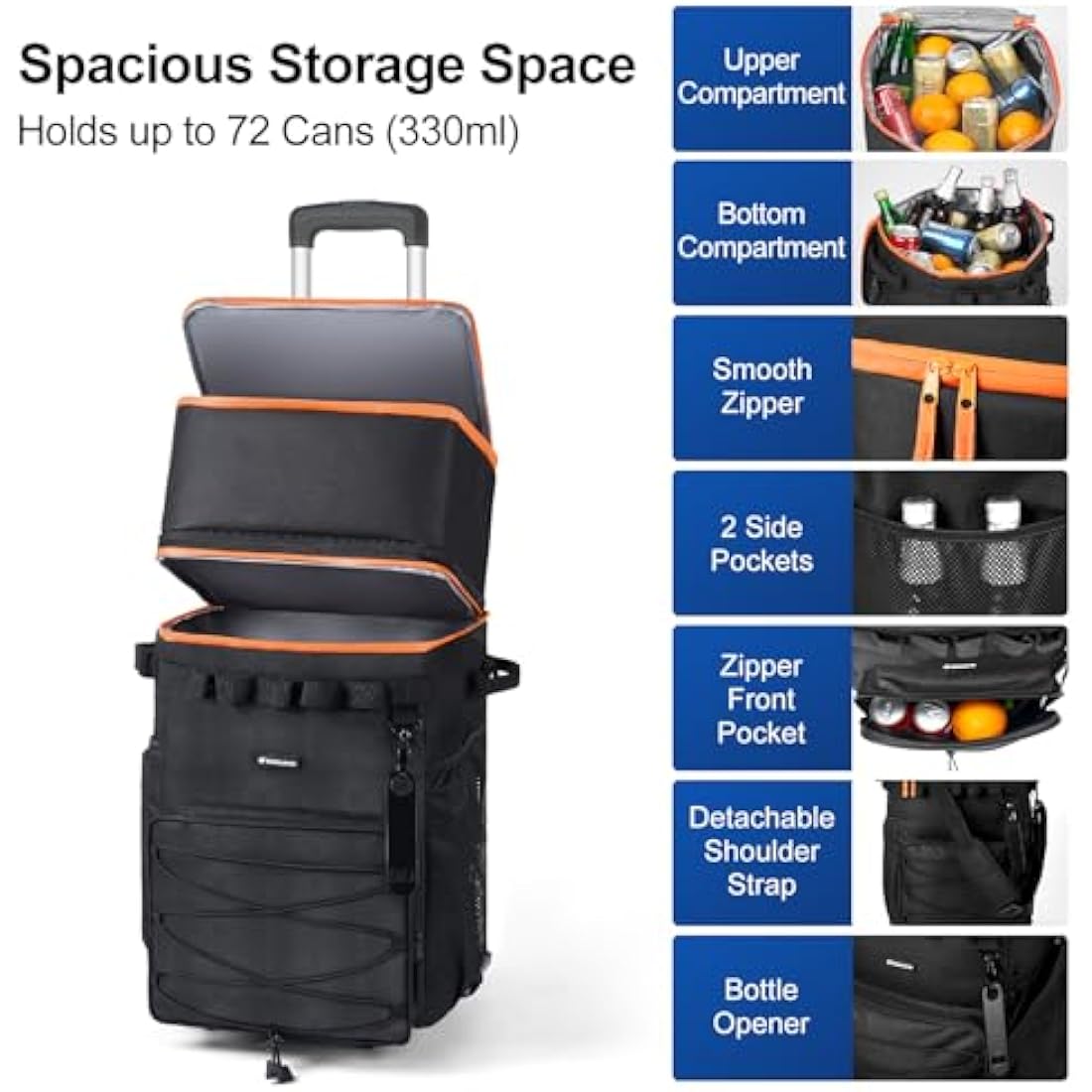 Odoland Cooler Box on Wheels, Leakproof Insulated Soft Rolling Cooler Bag with Stable All Terrain Cart and Handle Collapsible for Camping Beach Fishing Picnic with 6 Ice Cold Pack
