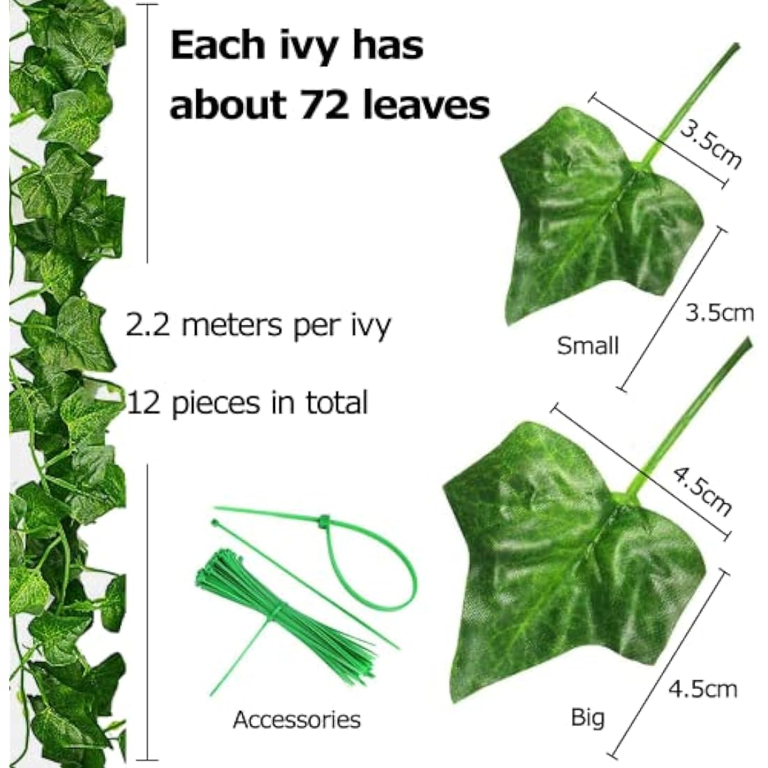Noa Home Deco Ivy Artificial Garland, 12 Pack Fake Ivy Decorations, Green Ivy with Nylon Cable Ties, Plants Ivy Vine for Garden, Wedding, Party, Wall Decoration, 86.61inch (NHD13)