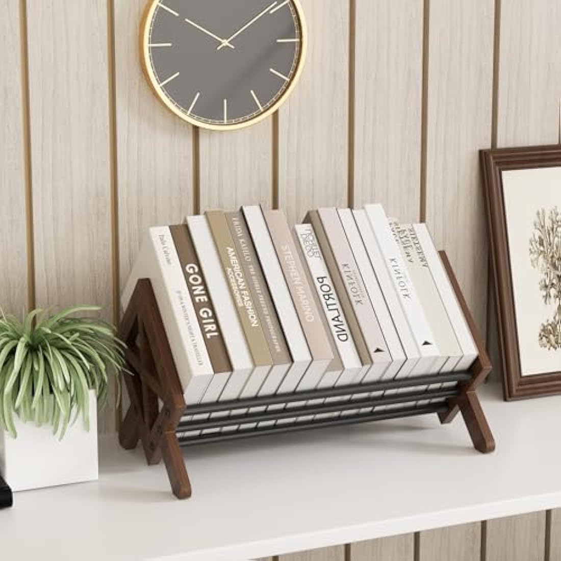 THYGIFTREE Wood Tilting Bookcase in Living Room/Home/Office, Desktop Book Shelf Organiser Bookshelves Storage Rack for CDs/Magazine/Books Display, Desktop Organiser for Books and Magazines (Brown)