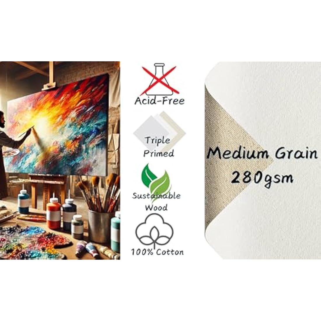 Exerz 70x80cm Stretched Canvas 4pk - Artist Framed Canvas 280GSM 1.7cm Thickness/ 100% Cotton/Blank/Triple Primed/Acid Free/Medium Grain