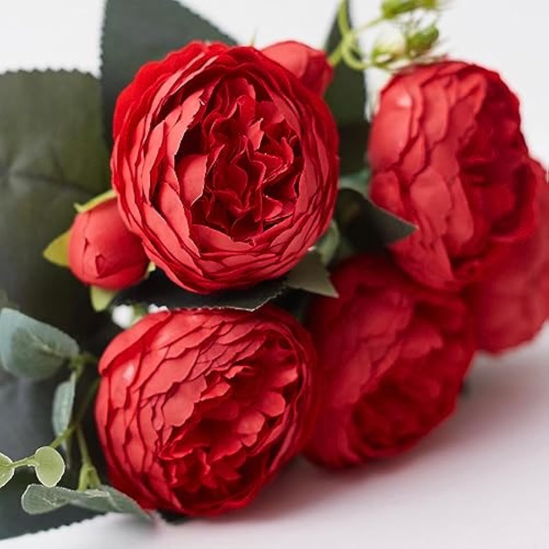 The Baked Studio - Silk Peony and Tea Rose Artificial Bouquet 9 Heads Realistic Fake Plant for DIY Craft Cake Living Room Home Wedding Decoration (Christmas Red)