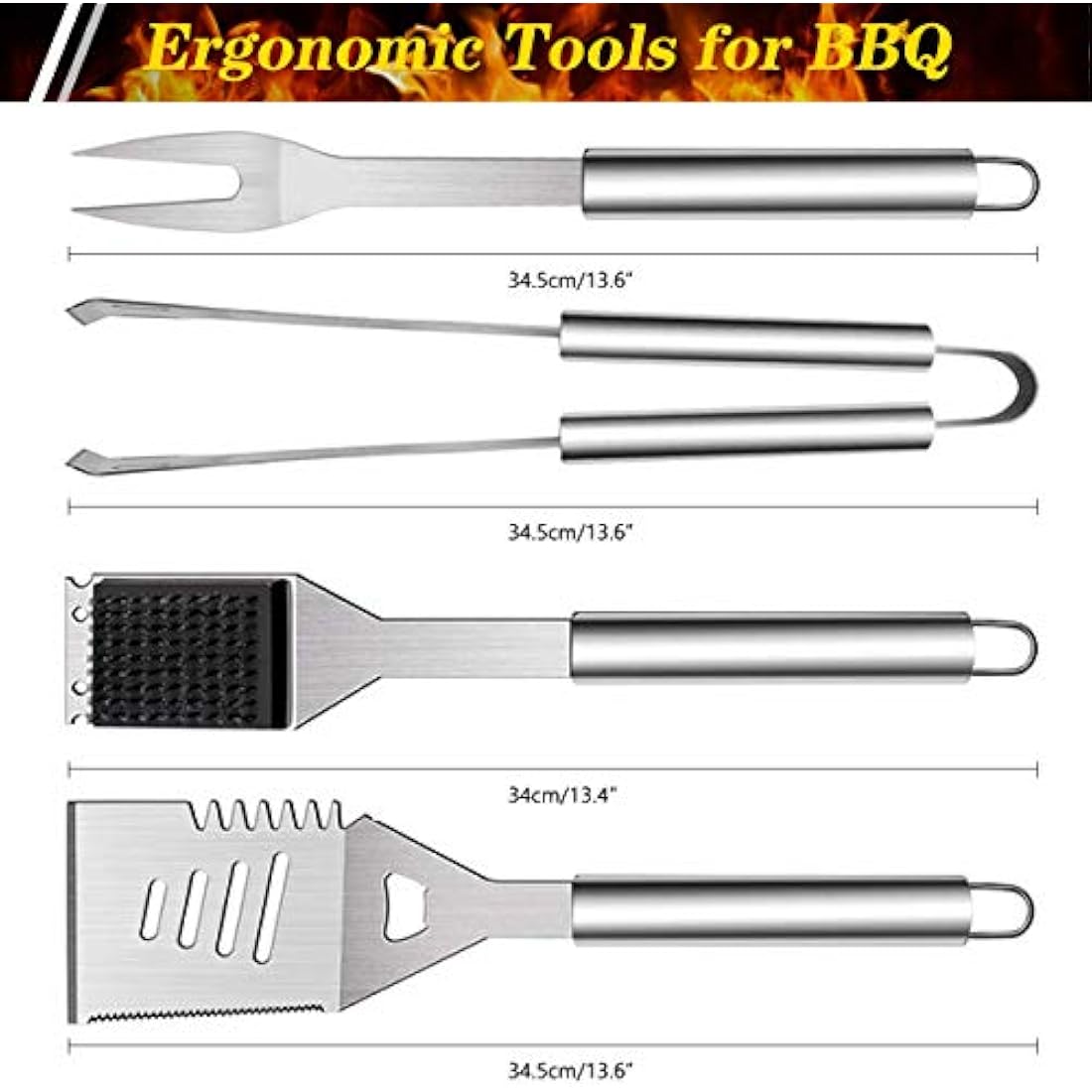QH7 10 Pack BBQ Barbecue Tool Set, Stainless Steel Outdoor Barbecue Grill Utensils Set with Storage Bags for Picnics and Outdoor Activities