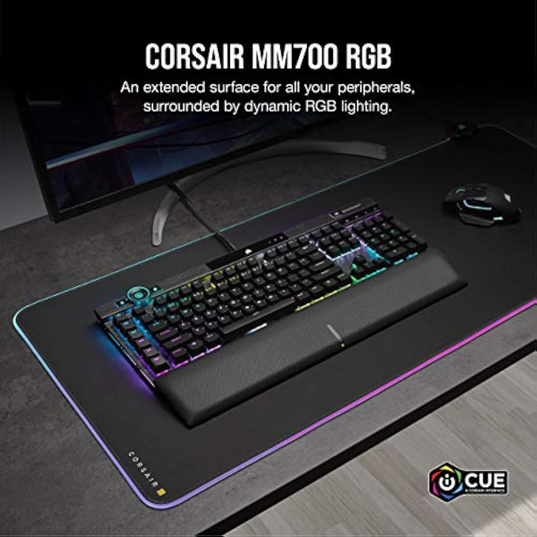 Corsair MM700 RGB Extended Cloth Gaming Mouse Pad - 930mm x 400mm - 360° RGB Lighting - Two USB Port Hub - Thick Rubber - Black