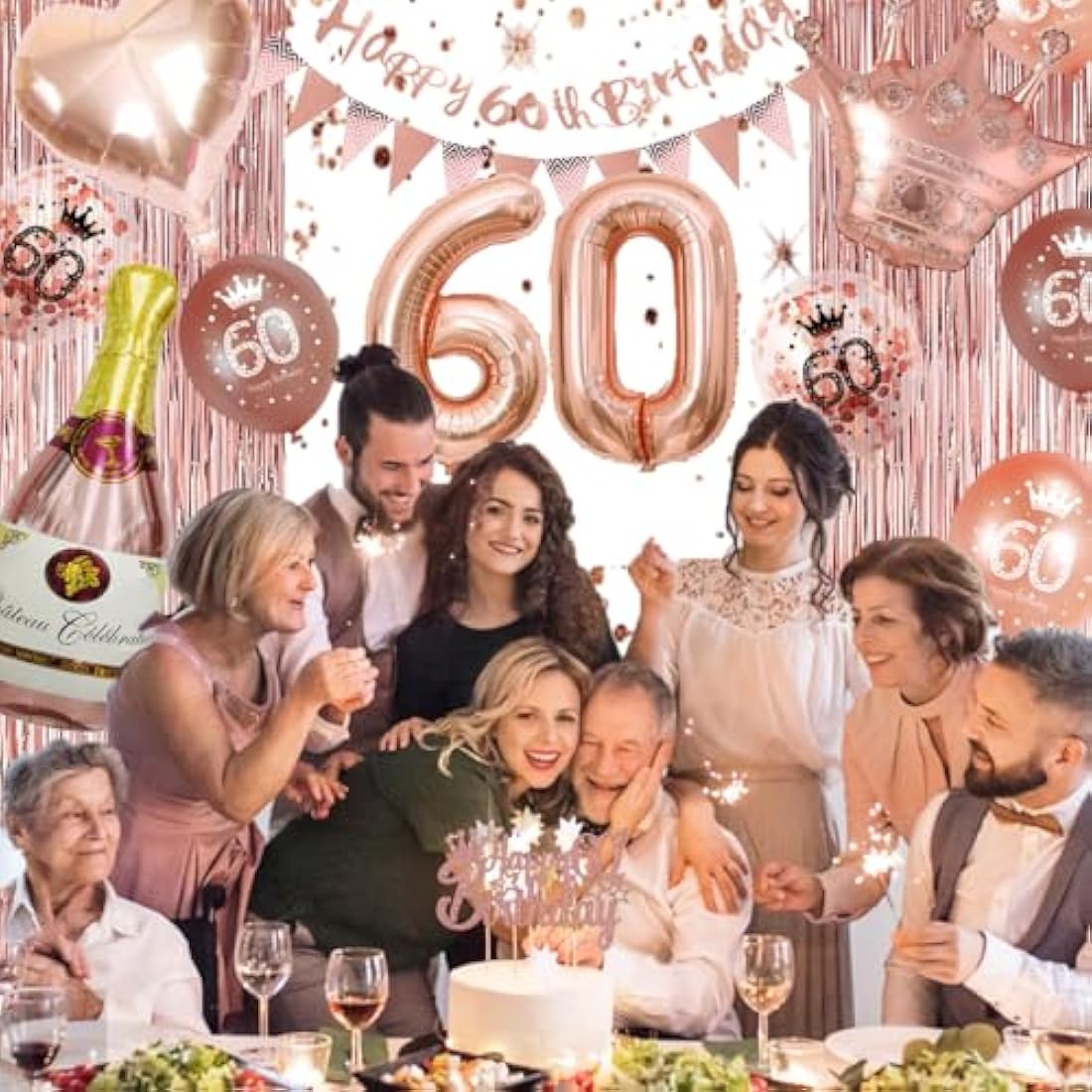 Rose Gold 60th Birthday Party Decorations Set With Balloons, Banner and Triangle Flag