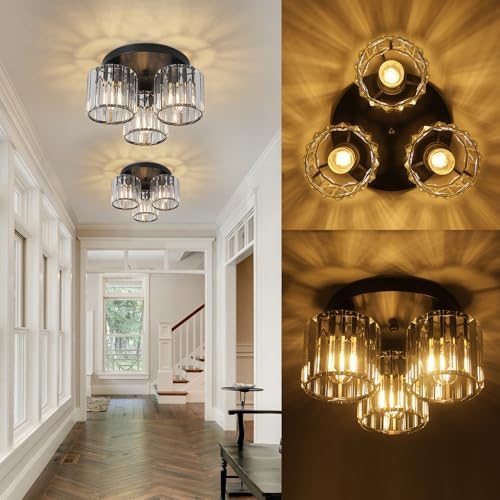 ZYDTRIP Crystal Chandeliers Ceiling Lights, 3-Lights Crystal Ceiling Lighting Living Room, Modern Black Semi Flush Mount Light Fittings for Bedroom, Hallway, Bathroom, Foyer, Kitchen Light Fixture