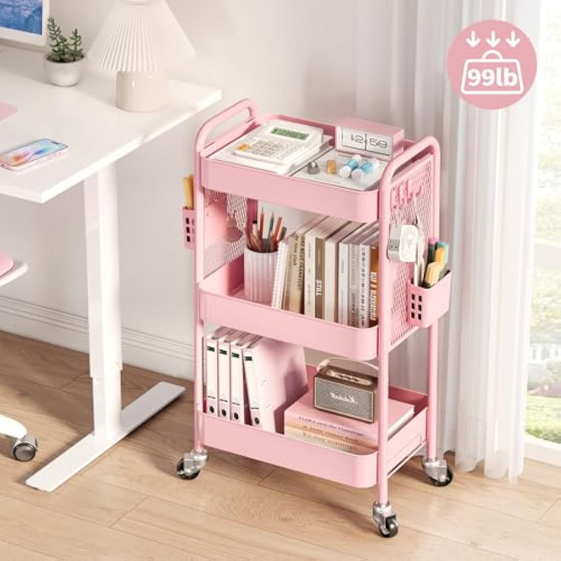 Urackify Storage Trolley on Wheels for Variety Applications, 3 Tier Trolley with Extra DIY Pegboards,Handing Bins, and Hooks for Living Room, Kitchen, Bathroom, Office, Classroom, Pink