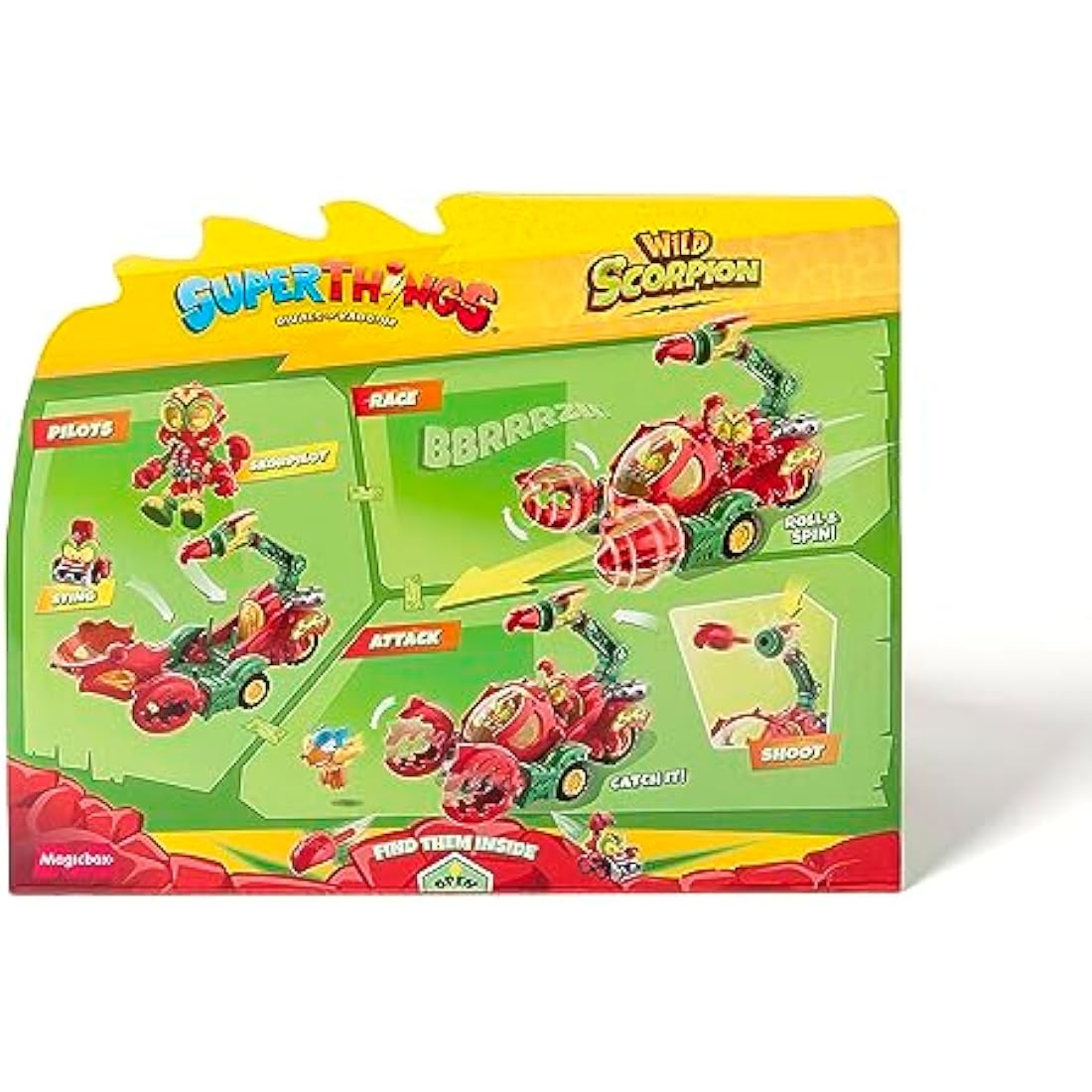 SUPERTHINGS Wild Scorpion – SuperThings Scorpion vehicle. Includes 1 exclusive Wild Kid and 1 exclusive Wild Villain SuperThing. With shooter and scorpion pincers to capture heroes