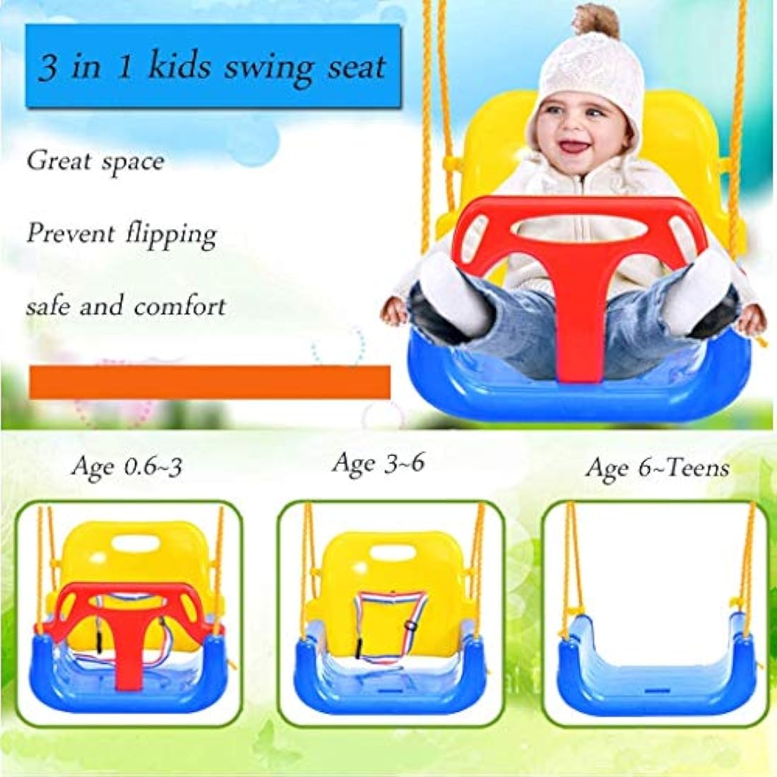 IFOYO 3-in-1 Swing Seat, Adjustable High-Back Secure Baby Swing Seat for Garden and Playgrounds Play, Detachable and Portable Toddler Swing with Safety Harness for Kids 6 months - 8 years (Blue)