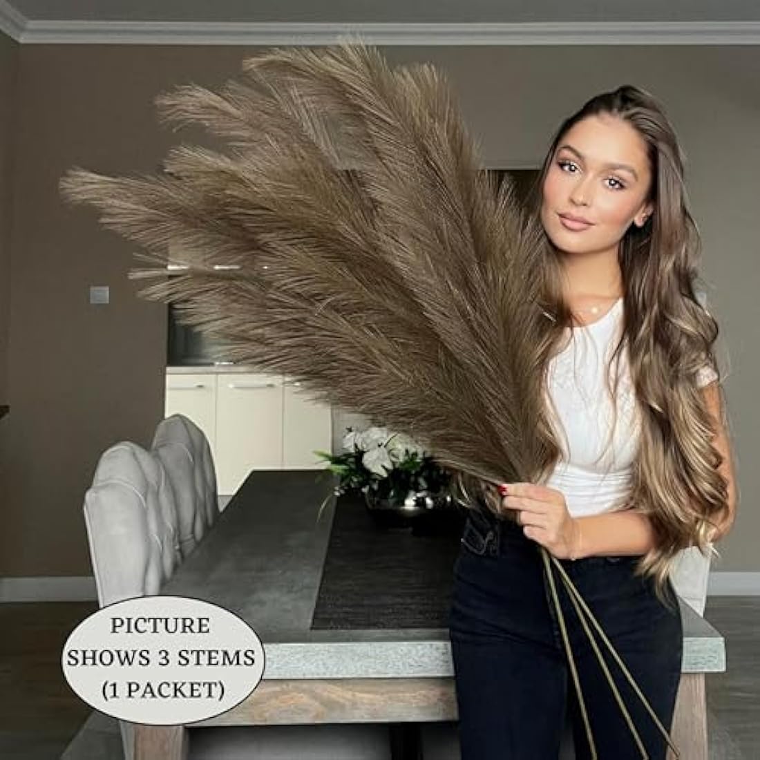 VOULUX Extra Large Tall Dark Brown Fake Faux Artificial Pampas Grass Large Fluffy x3 115cm Stems x18 Decorative Artificial Flora Feathers For Floor Vases Tall Plant Flowers Long Pampas Grass