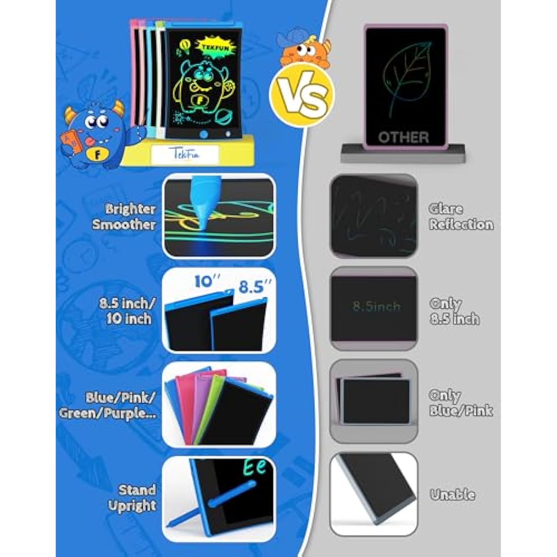 TEKFUN 2 Pack LCD Writing Tablet, 8.5inch Colorful Drawing Tablet for Kids, Erasable Writing Drawing Board with Lanyard, Learning Toys Gifts for 3 4 5 6 7 Years Old Boys Girls Toddlers (Blue+Pink)