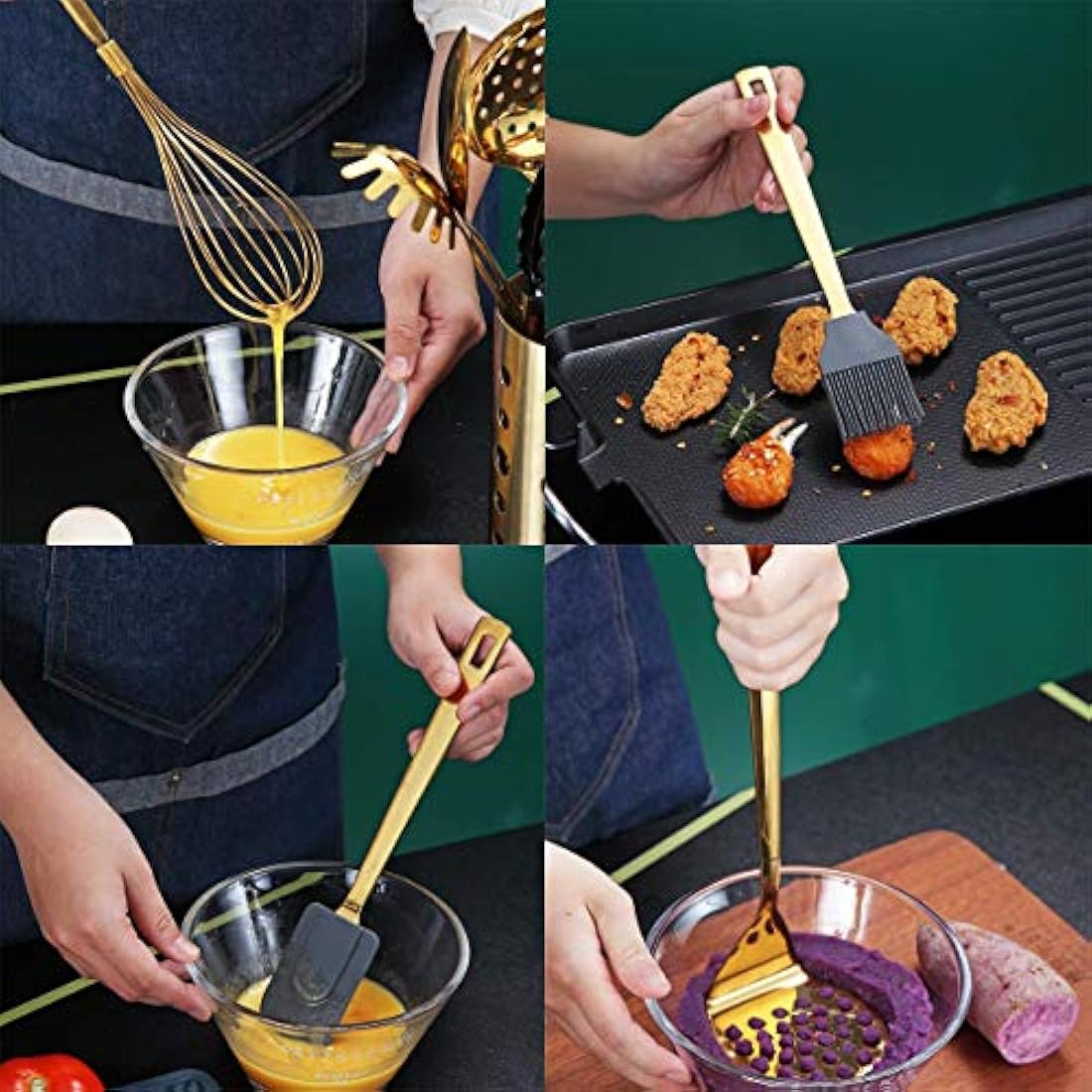 Berglander Gold Cooking Utensils Set, Stainless Steel 13 Pieces Kitchen Utensils Set with Titanium Gold Plating, Kitchen Tools Set with Utensil Holder, Dishwasher Safe, Easy to Clean