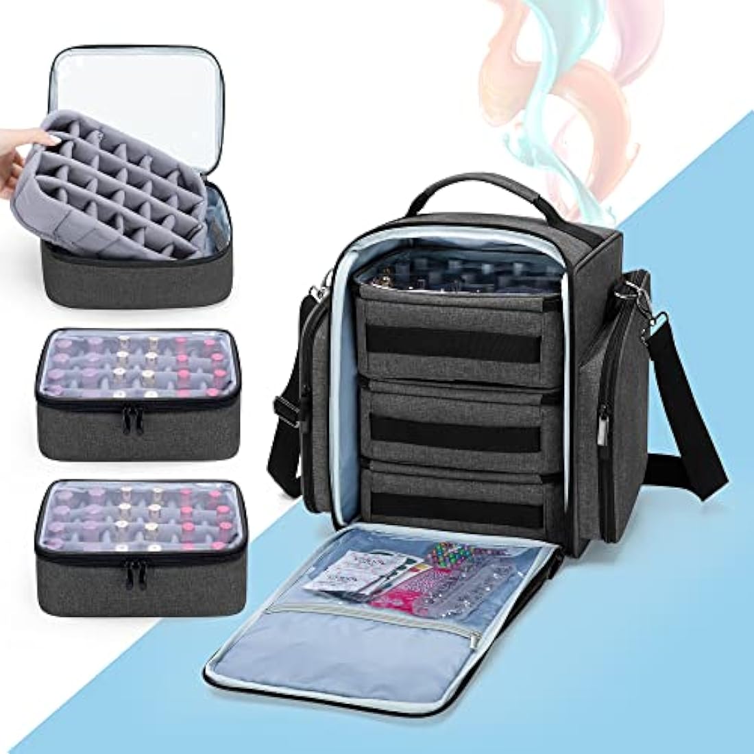 BAFASO Nail Polish Organiser Holds 72 Bottles (15ml - 0.5 fl.oz), Large Nail Polish Case with 3 Removable Pouches and Multiple Storage Sections (Bag Only), Black (Patented)