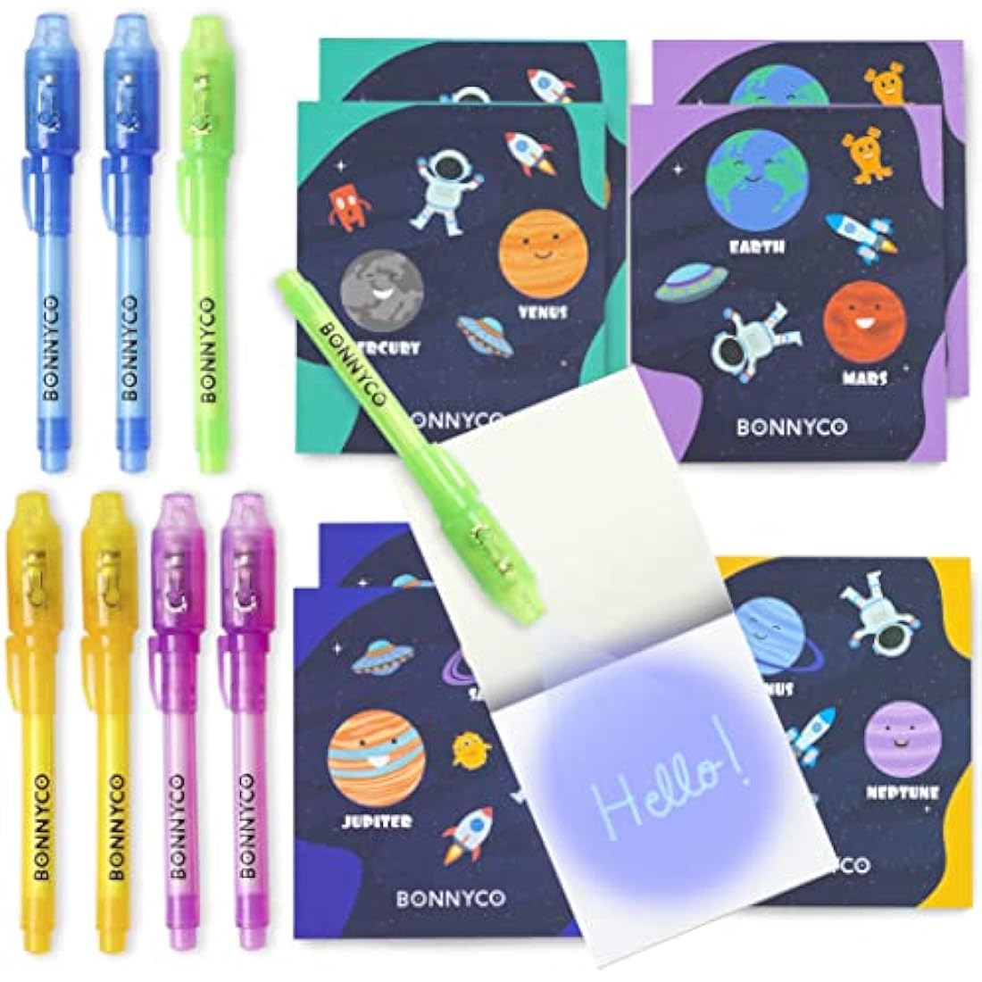 BONNYCO Invisible Ink Pen and Notebook, Pack 8 Space Party Bag Fillers for Kids, Pinata Toys | Birthday Decorations | Stocking Fillers for Kids Birthday | School Prizes, Space and Universe Gifts
