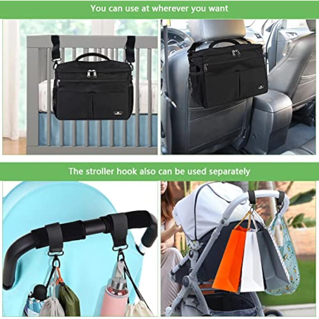 PHILORN Pram Bag, Pushchair Organiser Bag with Insulated Cup Holders, Buggy Organiser with Large Capacity for Baby Essentials Fits for Universal Strollers Like Doona, Ickle Bubba, Adjustable Strap