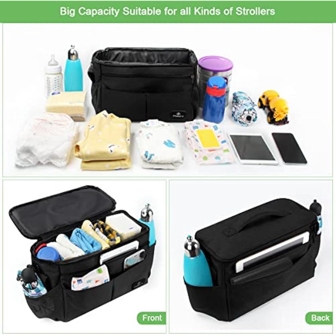 PHILORN Pram Bag, Pushchair Organiser Bag with Insulated Cup Holders, Buggy Organiser with Large Capacity for Baby Essentials Fits for Universal Strollers Like Doona, Ickle Bubba, Adjustable Strap