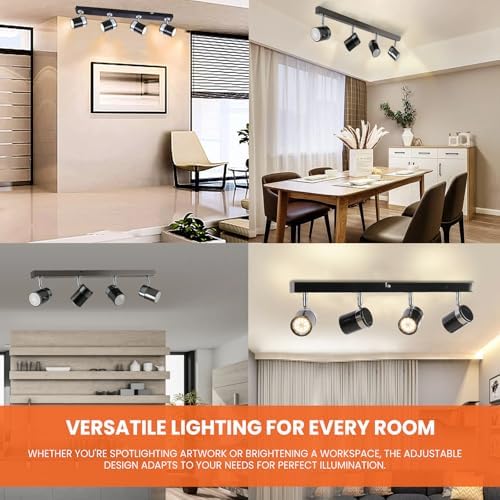 UKEW Modern 4 Way Ceiling Spotlight - Straight Bar Lighting with Adjustable Heads - Stylish Spotbar GU10 LED Light for Kitchen Living Room (Black)