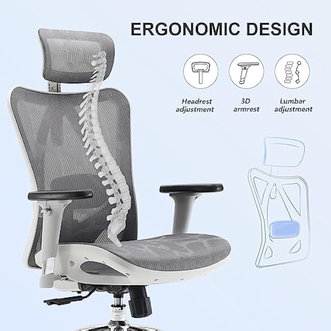SIHOO Ergonomic Office Chair Mesh Desk Chair with Adjustable Lumbar Support 3D Armrests Breathable High Back Computer Chair (Light Gray)