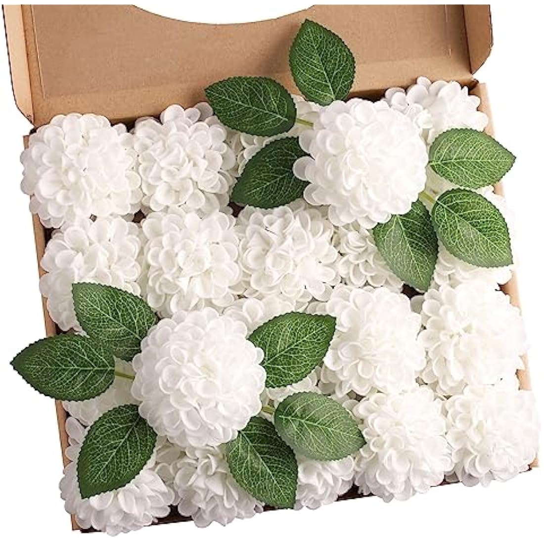 N&T NIETING Artificial Flowers 20pcs Fake Dahlia Flowers with Leaves and Stems, Foam Dahlia DIY Flower for Wedding Bouquets Floral Centerpieces Arrangements Shower Party Home Decor, White