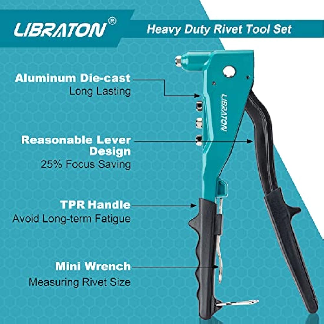 Libraton Heavy Duty Rivet Gun, Pop Rivet Gun Set, Professional Hand Riveter, Manual Riveting Tool with 100Pcs Rivets and 4 Interchangeable Heads, for Metal, Wooden and Plastic