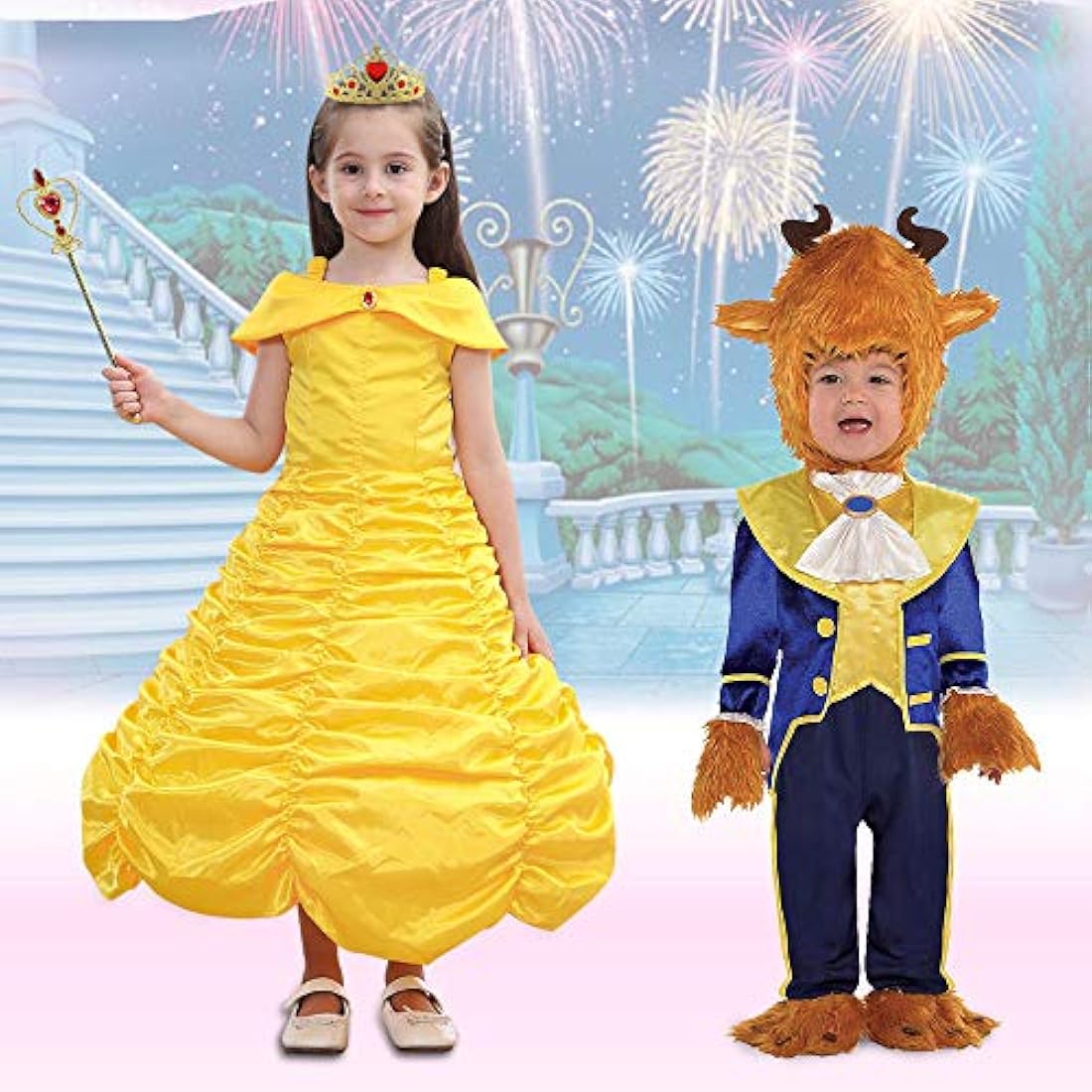 Vicloon 9 Pcs Princess Belle Costume Dress,Little Girl Princess Dresses Fancy Dress Childs Party Outfit with Crown Wand Gloves Necklace Ring and Earrings Yellow