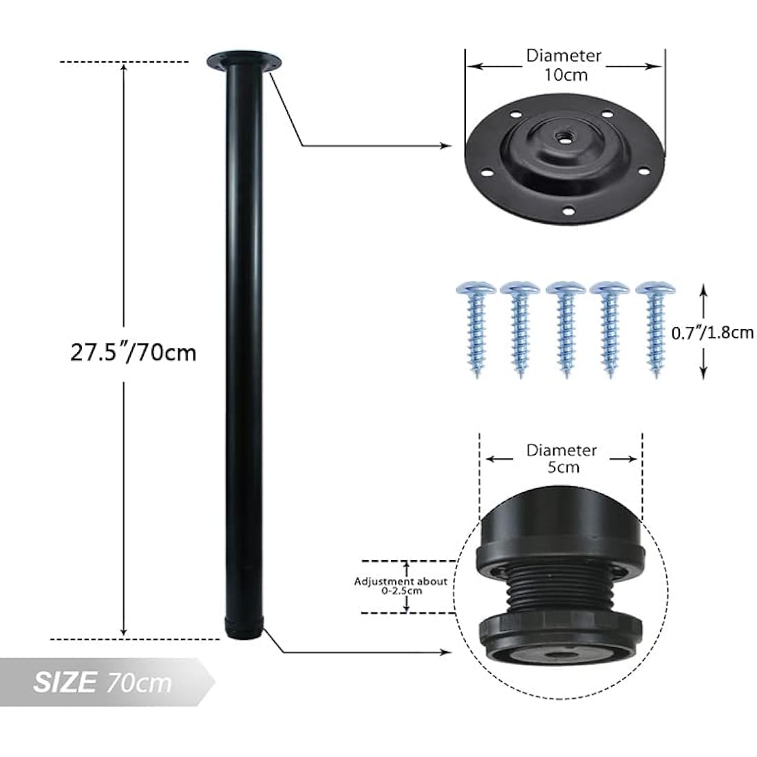 QLLY Table Legs 70cm/27.5 inch Adjustable Metal Desk Legs, 4 Pcs Furniture Legs, DIY Office Table Leg (70cm, Black)