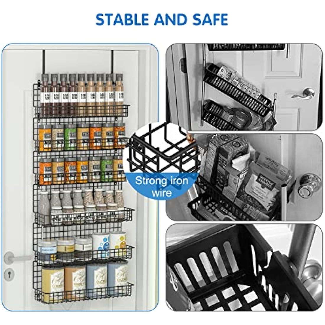JKsmart 6-Tier Spice Rack Organizer with Door Hook, Wall Mounted & Over the Door Spice Racks for Kitchen Pantry Door Cabinet, Two Size, Large Capacity, Black