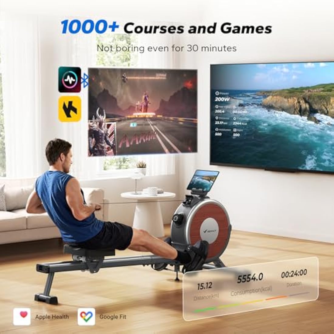 MERACH Rowing Machine for Home Gym, Magnetic Rower with 16 Levels of Quiet Resistance, Dual Slide Rails, 158 kg Weight Capacity, App Compatible